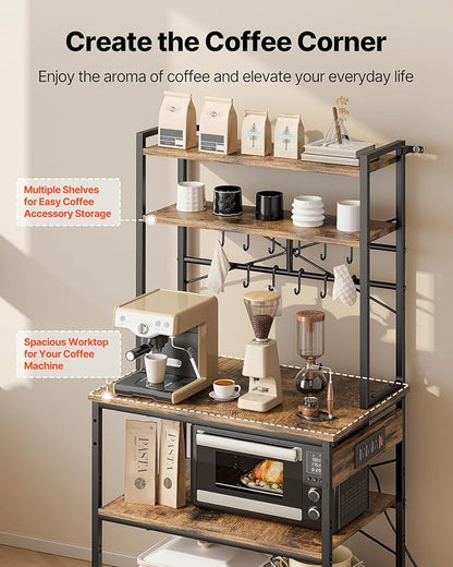 VEVOR Kitchen Bakers Rack with Power Outlets, 31.5 x 15.7 x 63.7Inch Microwave Stand with Built-in Power Strip & 5 Ft Cord, 12 S-Shaped Hooks, for Dish Storage, Spice Jars, Coffee Bar Organization