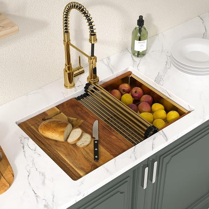 Lordear 28 Inch White Granite Composite Kitchen Sink Workstation 28x19 White Undermount Quartz Sinks Under Counter Single Bowl Sink with Classic Gold Accessories