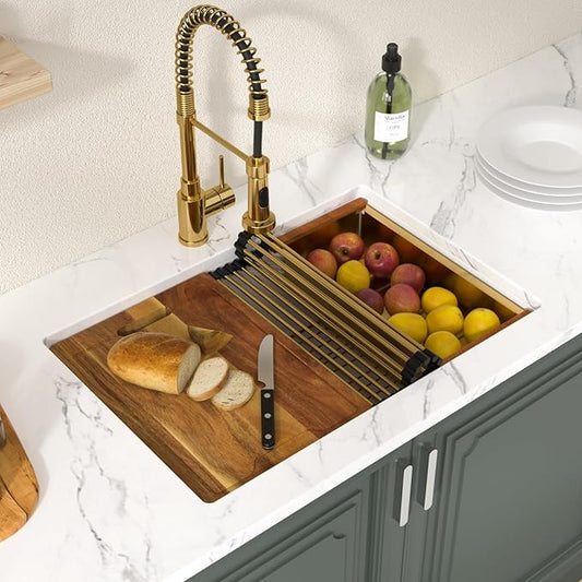 Lordear 28 Inch White Granite Composite Kitchen Sink Workstation 28x19 White Undermount Quartz Sinks Under Counter Single Bowl Sink with Classic Gold Accessories