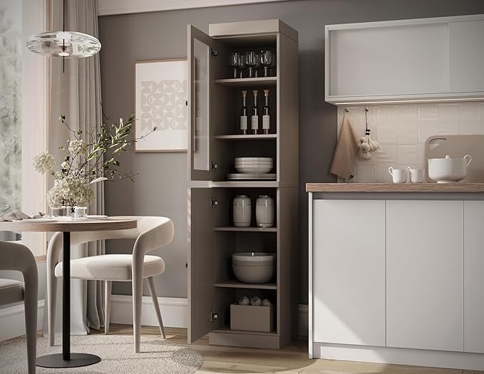 Palace Imports Solid Wood Kitchen Pantry - Narrow Storage Cabinet - 16.5" Wide x 71.5" Tall - 1 Raised Panel & 1 Glass Door, Beige, Adjustable Shelves, 100% Eco-Friendly Wood, Modular Cabinets