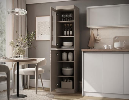 Palace Imports Solid Wood Kitchen Pantry - Narrow Storage Cabinet - 16.5" Wide x 71.5" Tall - 1 Raised Panel & 1 Glass Door, Beige, Adjustable Shelves, 100% Eco-Friendly Wood, Modular Cabinets