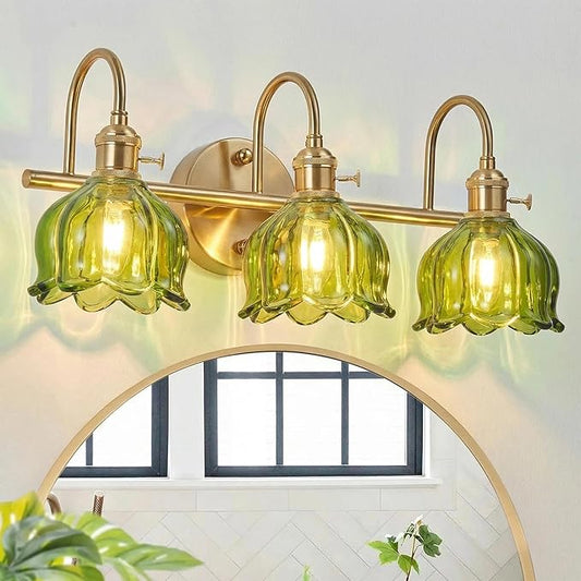 Bathroom Light Fixtures Over Mirror,3-Light Brushed Gold Vanity Lights with Green Tulip Glass Shades,Vanity Lighting Fixtures for Bathroom Bedroom Kitchen Living Room Hallway