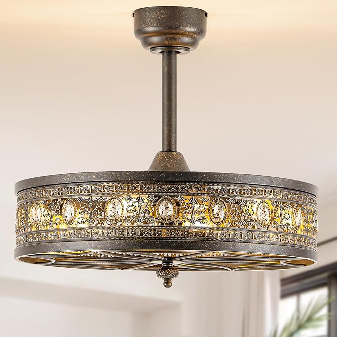 24 Inch Bronze Chandelier Ceiling Fan with Light,24" Antique Vintage Caged Bladeless Enclosed Fandelier,Victorian Classic Crystal Light Fixture,Hanging/Flush Mount for Bedroom,Dining Room,Living Room