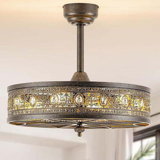 24 Inch Bronze Chandelier Ceiling Fan with Light,24" Antique Vintage Caged Bladeless Enclosed Fandelier,Victorian Classic Crystal Light Fixture,Hanging/Flush Mount for Bedroom,Dining Room,Living Room