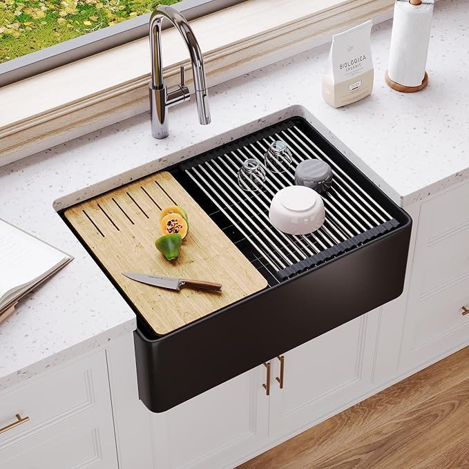 DeerValley Black Farmhouse Sink for Kitchen 30 inch, Fireclay Single Bowl Front Apron Workstation Kitchen Sink with Grid, Strainer & Workstation Accessories