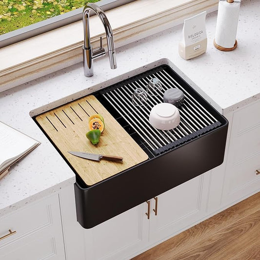DeerValley Black Farmhouse Sink for Kitchen 30 inch, Fireclay Single Bowl Front Apron Workstation Kitchen Sink with Grid, Strainer & Workstation Accessories