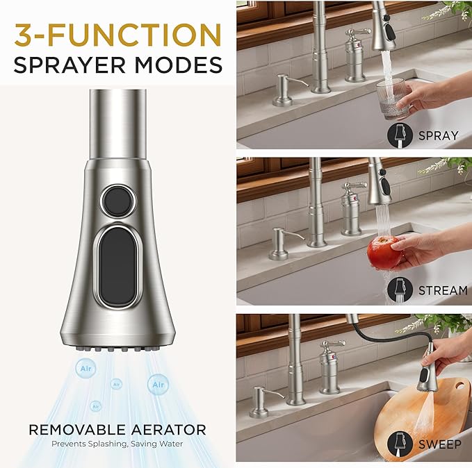 FORIOUS 3 Hole Kitchen Faucet with Soap Dispenser, Brushed Nickel Stainless Steel Vintage Pull Down Sprayer Kitchen Sink Faucet with Single Seperate Handle, Suitable for Farmhouse Outdoor Rv Bar