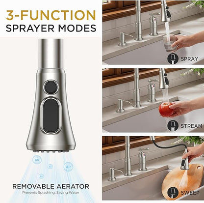 FORIOUS 3 Hole Kitchen Faucet with Soap Dispenser, Brushed Nickel Stainless Steel Vintage Pull Down Sprayer Kitchen Sink Faucet with Single Seperate Handle, Suitable for Farmhouse Outdoor Rv Bar