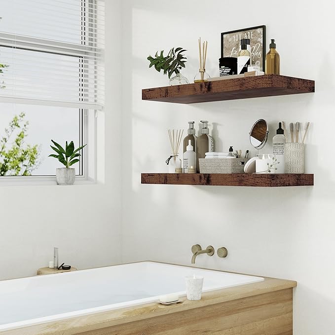 Heimlove 12" Deep Rustic Brown Floating Shelves,Over Toilet Long Wall Mounted Modern Farmhouse 36 inches,Wall Shelves with Invisible Brackets for Bedroom, Bathroom, Living Room, Kitchen, Set of 1