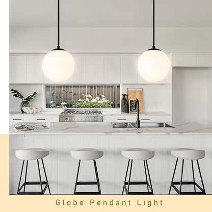 Bagood 10" Globe Pendant Light Black 2 Pack Mid Century Pendant Light Globe Pendant Lights Kitchen Island Matte Black Finished with Milk Glass Adjustable Ceiling Light Fixtures for Dining Room Bar