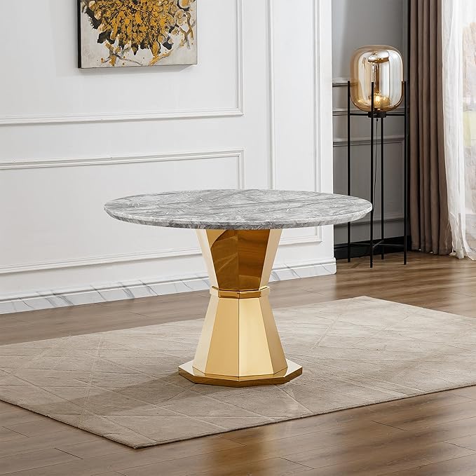 47" Round Marble Dining Table for 4-6, Luxury Modern Kitchen Table with Marble Grain MDF Tabletop & Gold Mirrored Stainless Steel Pedestal Base, Grey Stone Dinner Table for Dining Room (Table Only)