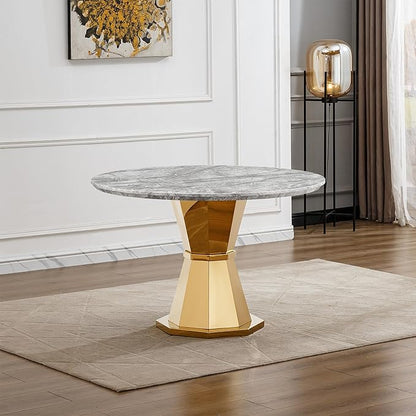 47" Round Marble Dining Table for 4-6, Luxury Modern Kitchen Table with Marble Grain MDF Tabletop & Gold Mirrored Stainless Steel Pedestal Base, Grey Stone Dinner Table for Dining Room (Table Only)