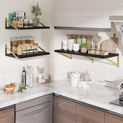 Deep Wall Shelves 36"W x 12"D Engineered Wood Floating Shelves for Wall, Sturdy Metal Bracket(Gold) Bookshelves Home Decor Storage for Living Room Bedroom Bathroom Kitchen, Set of 2, Black Finish