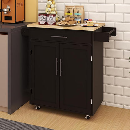 Modern Dining Table Kitchen Island Rolling Trolley Cart with Shelves, Drawer, Doors, Towel Rack & Seasoning Rack - Rubber Wood Table Top for Dining Room,Black-MDF