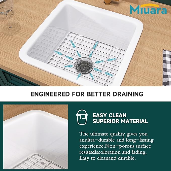 Miuara White Undermount Bar Sink 18 Inch - Small Topmount Kitchen Sink Drop In 18”x18”x9”, Dual Mount Single Bowl, Heavy Duty Solid Fireclay, w 2 Accessories, for Kitchen, Laundry, Powder, Outdoor