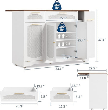 IDEALHOUSE 53.1" Rattan Kitchen Island with Storage, Rolling Dining Cart with Trash Storage Cabinet, Mobile Island Cart with Drop Leaf, Adjustable Shelves, Drawer, 5 Wheels (White)