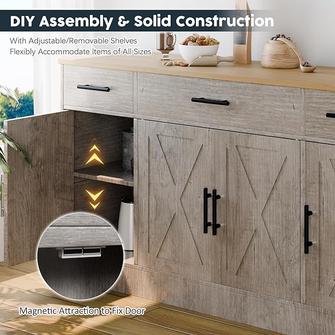 SUNLEI Kitchen Buffet Sideboard Cabinet, Wooden Storage with 4 Doors and 3 Drawers, Adjustable Shelf, Modern Farmhouse Coffee Bar Cabinet with Storage for Kitchen/Laundry/Living Room, Grey