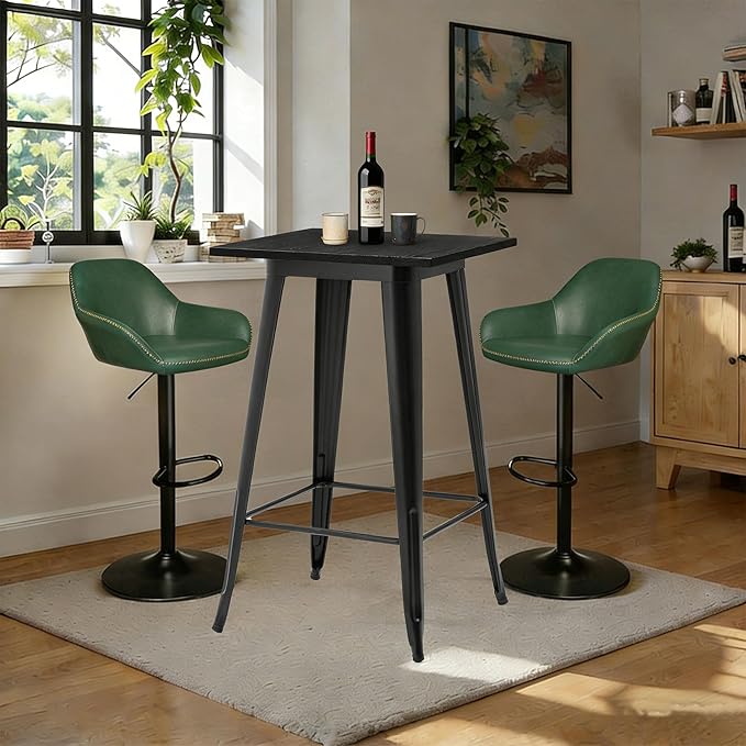 Glitzhome Bar Table and Chairs Set, Square Black Steel Pub Table with Soild Elm Wood Top and Bar Height Adjustable Swivel PU Leather Bar Stool for Breakfast Nook Living Room Small Space Restaurant