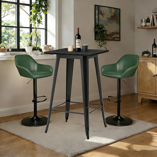 Glitzhome Bar Table and Chairs Set, Square Black Steel Pub Table with Soild Elm Wood Top and Bar Height Adjustable Swivel PU Leather Bar Stool for Breakfast Nook Living Room Small Space Restaurant