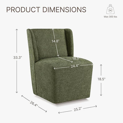 KISLOT Upholstered Dining Chairs Set of 1 with Casters, Wingback Modern Side Armless Deskchair with Rollers for Diningroom Bedroom Livingroom Reading Room, Green Fabric
