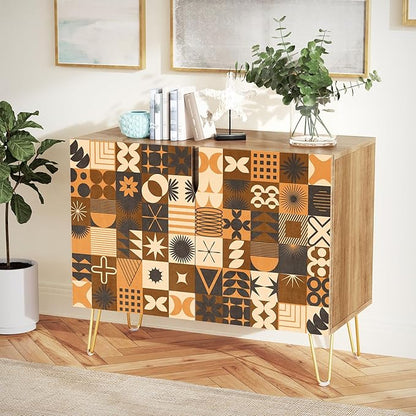 SIGNWIN Sideboard Buffet Cabinet, Kitchen Storage Cabinet with 2 Doors, Brown Polygon Collage Pattern, Cupboard Console Table for Dining Room - 35" L x 18" W x 29" H