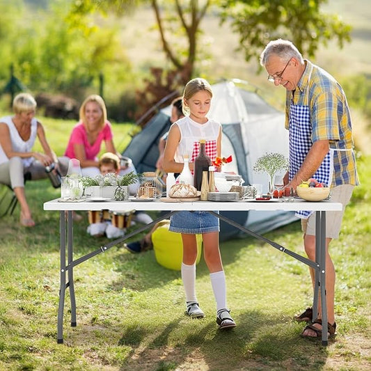 Goplus 5ft Folding Table, Indoor Outdoor Foldable Plastic Folding Tables, Heavy-Duty Rectangular Fold Up Table w/Handle, Portable Utility Card Table for Picnic, Party, Dining, Camping, Beach, White