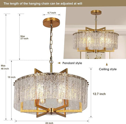 Gold Crystal Chandeliers for Dining Room, 24" Modern Drum Chandelier,Water Ripple Glass, Adjustable Height, Pendant Dining Room Light Fixture for Kitchen Island Hallway Entryway Foyer
