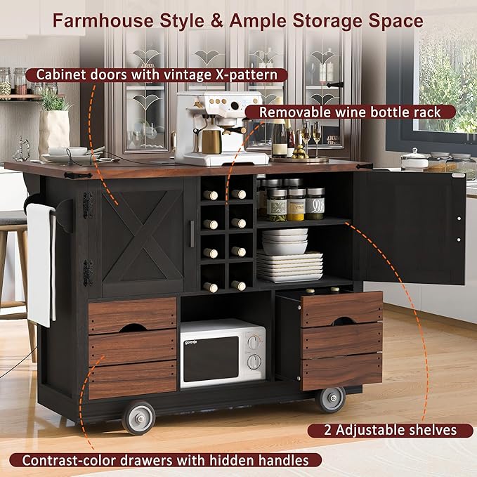 54" Farmhouse Kitchen Island Table with Drop Leaf, Power Outlet, Kitchen Storage Cart with 2 Doors, 2 Drawers, Rolling Kitchen Island on 4 Large Wheels with Spice Rack for Kitchen, Dining Room, Black