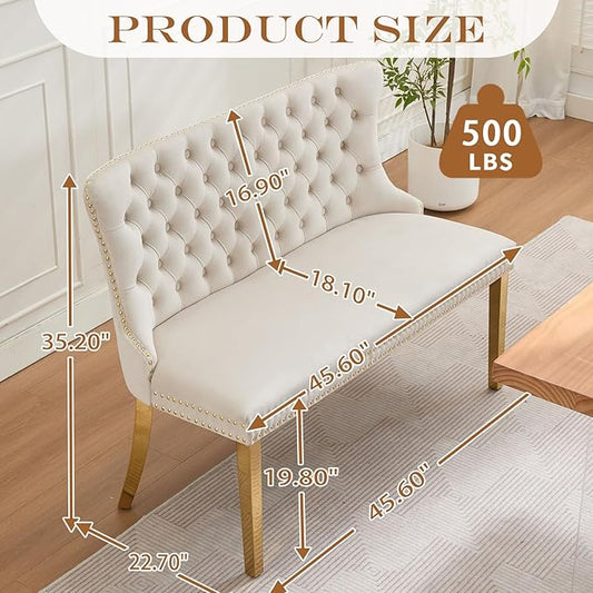 45.6in Upholstered Dining Bench, Mid-Century Modern Kitchen Room Bench with Tufted Back and Metal Legs, Velvet Small Sofa Couch Banch, Beige