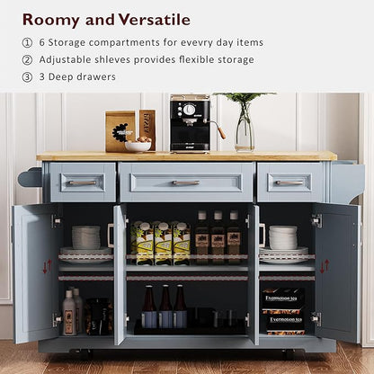 JIJIWANG 54" Large Kitchen Island with Drop Leaf and Storage, Embossed Texture Rolling Kitchen Cart on 4 Wheels with 4 Doors and 3 Drawers for Dining Room, Grey Blue