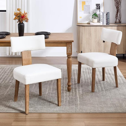 Mid Century Modern Dining Chairs, Upholstered Linen Fabric Chairs with Curved Backrest and Wood Legs, Comfy Kitchen Vanity Chairs for Dining Room/Living Room/Kitchen, Set of 6 Cream