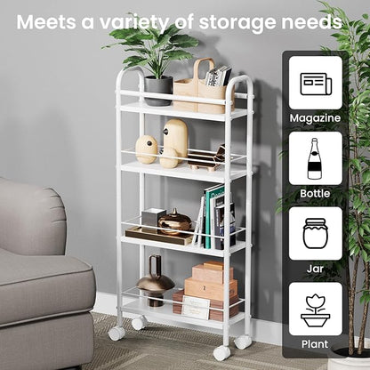 Asgolion Slim Storage Cart, 4-Tier Small Rolling Cart with Wheels, 5.9" Deep, Narrow Bathroom Shelf Trolley for Kitchen, Bathroom, Laundry Room, White Standard 4-Tier (5.9" W x 33.6" H)