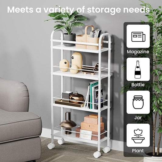 Asgolion Slim Storage Cart, 4-Tier Small Rolling Cart with Wheels, 5.9" Deep, Narrow Bathroom Shelf Trolley for Kitchen, Bathroom, Laundry Room, White Standard 4-Tier (5.9" W x 33.6" H)