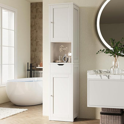 Shintenchi Tall Bathroom Storage Cabinet, Slim Corner Floor Cabinet with Doors and Drawer, Freestanding Narrow Bathroom Organizer with Adjustable Shelves for Small Space, White
