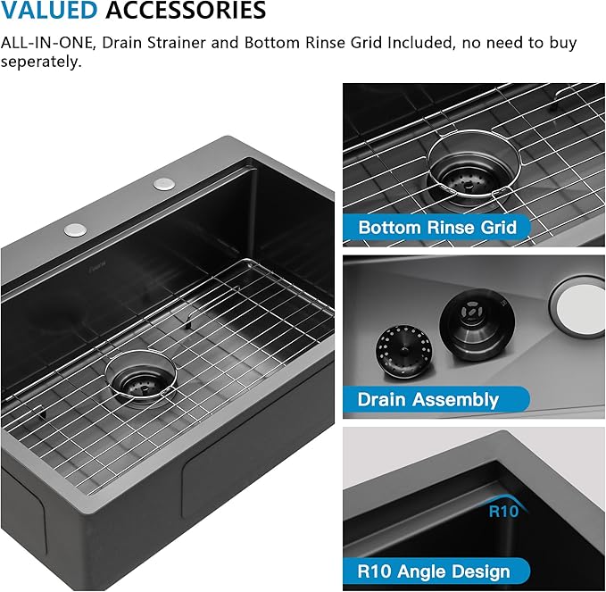 33"x22" Black Drop In Kitchen Sink Ledge Workstation – Gunmetal Black NANO-PVD, 16 Gauge 304 Stainless Steel, Top Mount Over Counter Single Bowl Sink Basin