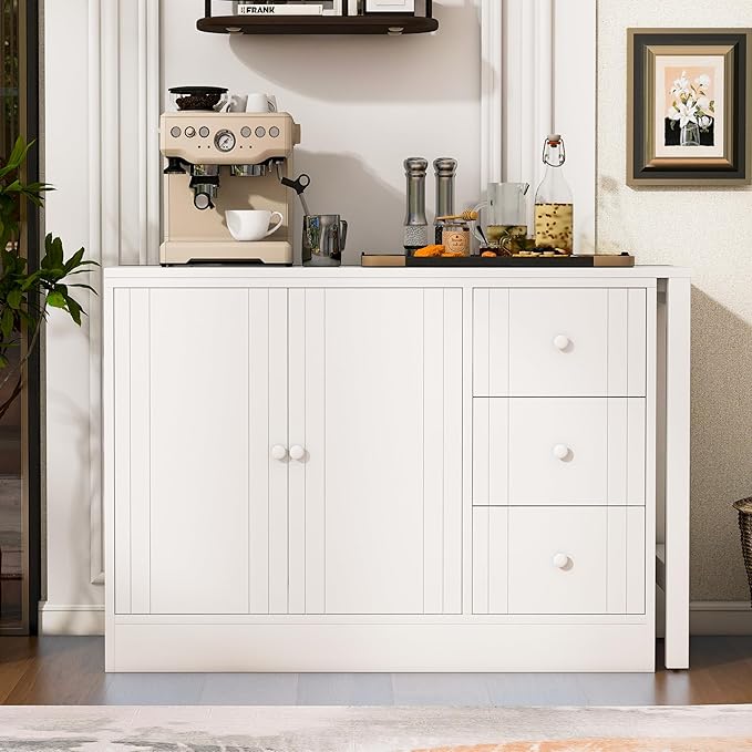 JIJIWANG 89.7'' Wooden Sideboard with Extendable Table,Multifunctional Storage Kitchen Island with 2 Doors and 3 Drawers,for Living Room,Study,Foyer and Kitchen, White