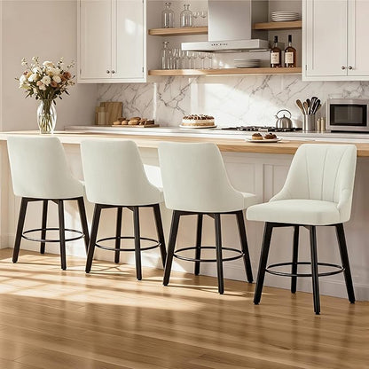 24" Counter Height Bar Stools Set of 4, Swivel Bar Stools with Backs, Fabric Upholstered Counter Barstools with Solid Wood Legs for Kitchen Island,Ivory