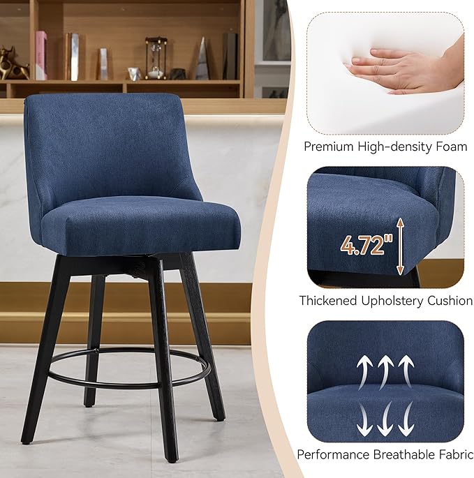 Vipbear Counter Height Bar Stools Set of 3, 26" H Swivel Bar Stools with Backs, Linen Fabric Upholstered Bar Chairs with Solid Wood Legs for Kitchen Island, Dining Room, Home Bar, Deep Blue