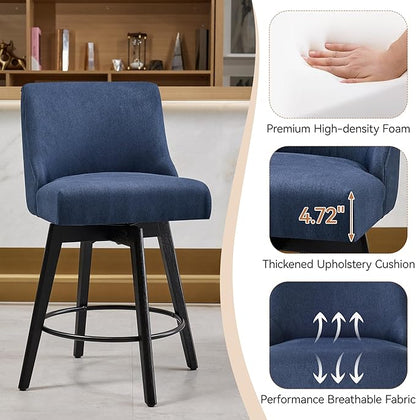 Vipbear Counter Height Bar Stools Set of 4, 26" H Swivel Bar Stools with Backs, Linen Fabric Upholstered Bar Chairs with Solid Wood Legs for Kitchen Island, Dining Room, Home Bar, Deep Blue
