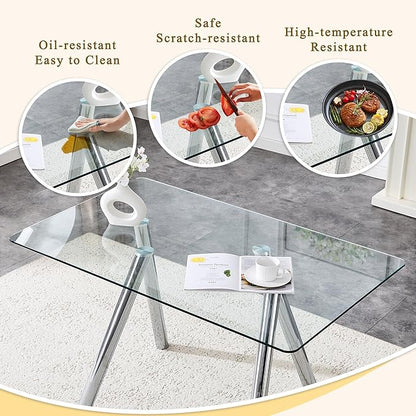 51.2 Inch Glass Dining Table for 4-6 People, Sturdy Metal Tube Legs, Silver and Glass Dining Room Tabble for 4, Space-Saving Rectangular Breakfast Nook Table for Home Apartment