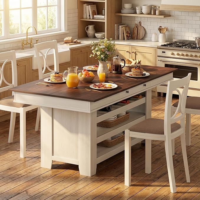 IDEALHOUSE 60" Wood Dining Table for 4-6, Counter Height Kitchen Table with Wine Rack and 2 Drawers, Open Shelves and Sturdy Legs, 4-Tier Stationary Kitchen Island for Dining Room and Kitchen