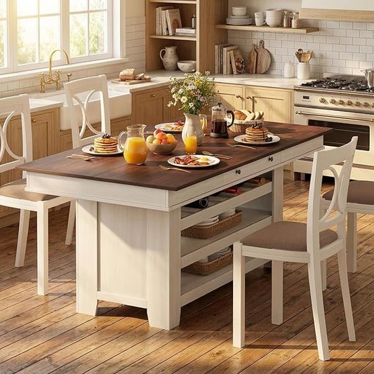 IDEALHOUSE 60" Wood Dining Table for 4-6, Counter Height Kitchen Table with Wine Rack and 2 Drawers, Open Shelves and Sturdy Legs, 4-Tier Stationary Kitchen Island for Dining Room and Kitchen