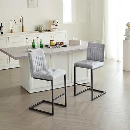 26" Counter Height Bar Stools Set of 2, Modern Upholstered Chairs with Vertical Tufted Backrest & Footrest, Metal Frame for Kitchen Island, Home Bar (Light Gray Knitted)