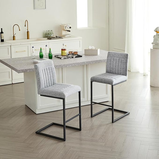 26" Counter Height Bar Stools Set of 2, Modern Upholstered Chairs with Vertical Tufted Backrest & Footrest, Metal Frame for Kitchen Island, Home Bar (Light Gray Knitted)