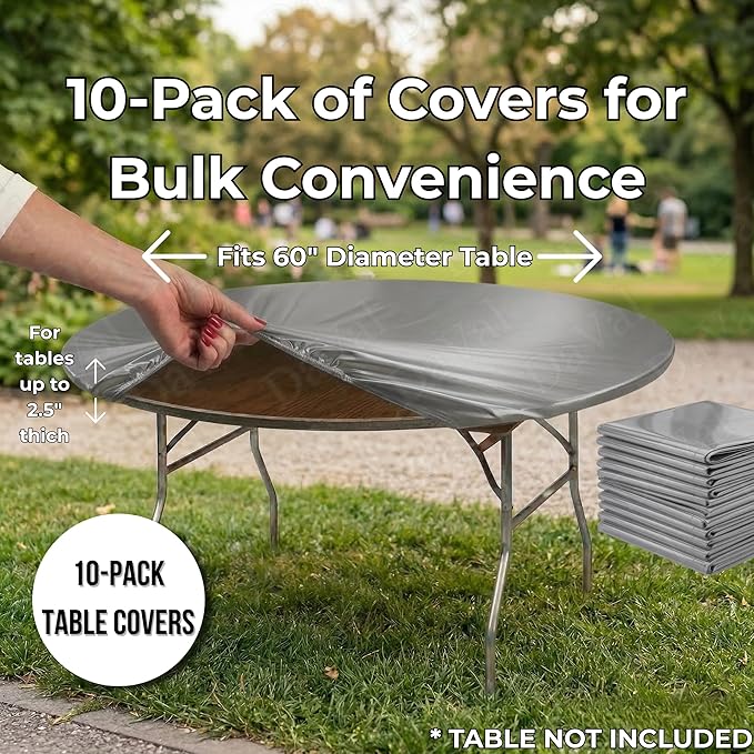 Kwik-Covers 10 Pack of Round Plastic Table Covers - 60" or 72" Round - Indoor or Outdoor Fitted Covers (Tables NOT Included) (Metallic Silver, 60" Round)