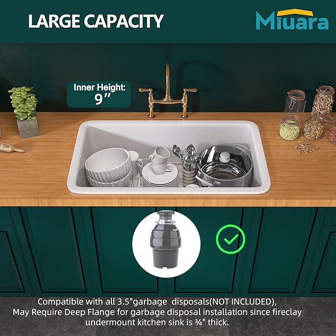 Miuara White Undermount Kitchen Sink 32 Inch - Large Topmount Fireclay Drop In Sink 32"x19"x10", Dual Mount Heavy Duty Deep Single Bowl, with 2 Custom Accessories, Glossy White, for Kitchen