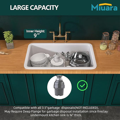 Miuara White Undermount Kitchen Sink 32 Inch - Large Topmount Fireclay Drop In Sink 32"x19"x10", Dual Mount Heavy Duty Deep Single Bowl, with 2 Custom Accessories, Glossy White, for Kitchen
