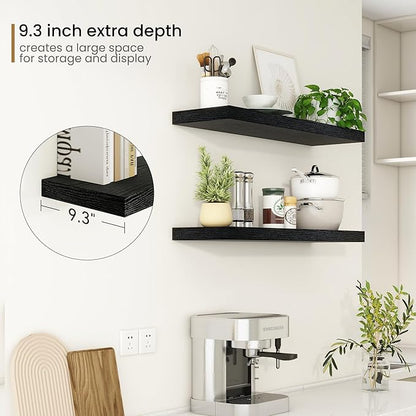 Fun Memories 36Inch Floating Shelves, 9.3Inch Deep Rustic Wall Shelves - Extra Deeper & Thicker Wall Mounted Storage Shelf for Kitchen, Farmhouse - Set of 2 - Rustic Black