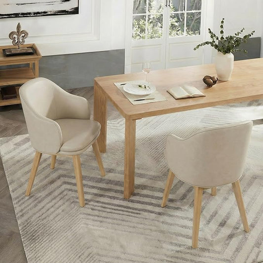 KISLOT Wooden Dining Chairs Set of 2, Faux Leather Upholstered Modern Dining Room Chairs with Barrel Backrest & Double-Layer Thick Cushion for Living Room, Restaurant, Kitchen and Café, Beige