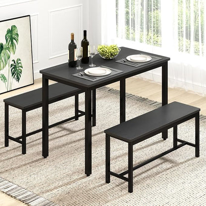 Rovibek 43" Dining Room Table Chairs Set for 4, Modern Space Saving Kitchen Table with 2 Benches & Adjustable Feet Breakfast Table, Wooden Industrial Style Farmhouse, Black